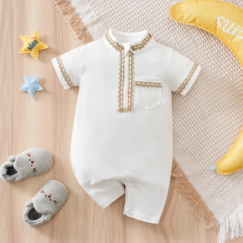 

Детская одежда для новорожденных в традиционном этническом стиле Ближнего Востока, исламский хлопковый комбинезон для Рамадана, белый, летний, с короткими рукавами.