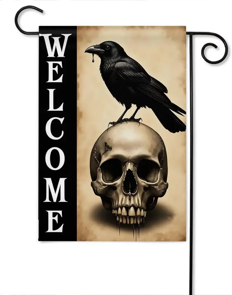 Moslion Halloween Skull Raven Garden Flag Vertical Double Sided Horror Bird On Skeleton Head Welcome House Flags Home Burlap zzo