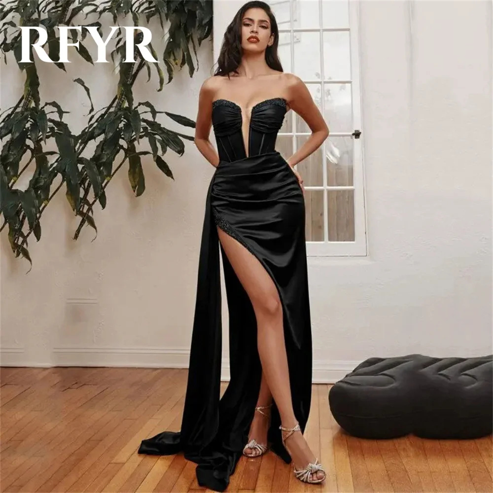 

RFYR Black Mermaid Sexy Special Occasion Dresses Stain Formal Gown Long Evening Dresses with Split Pleat vestidos de fiesta