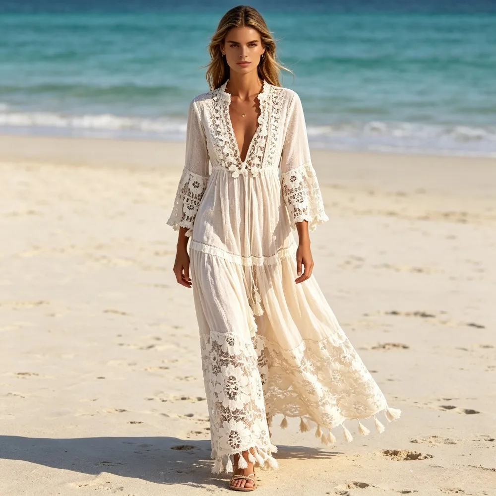Women Spring Elegant Bohemian Lace Tassel Splicing Flowy Maxi Long Dress Temperament Holiday Gown For Seaside Beach Vacation