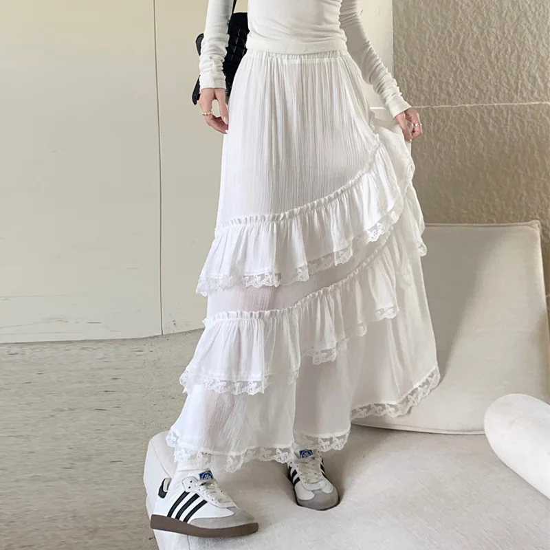 

White Black Long Skirt Women Crochet Lace Skirt 2024 Goth Lolita Summer High Waisted High Low Ruched Ruffle Pleated Skirts