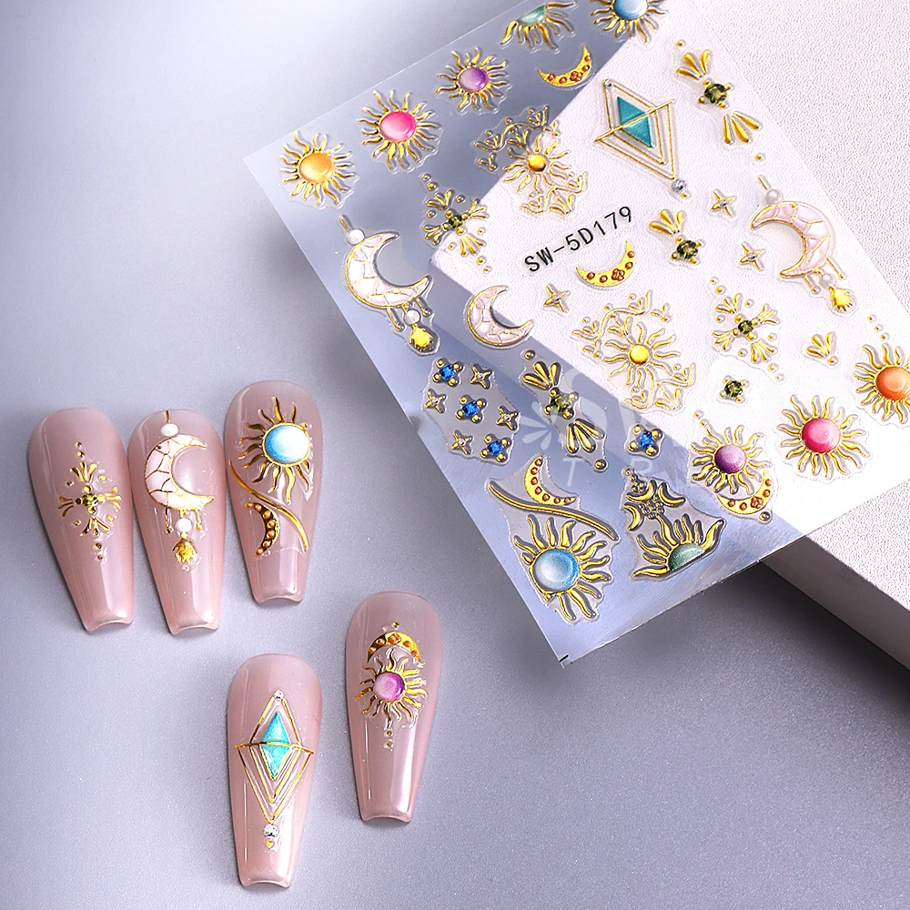 1/3pcs 5D Glitter Love Heart Nail Stickers Adhesive Bohemian Sun Moon Star Nail Slider Decals Valentine's Day Manicure DIY Decor