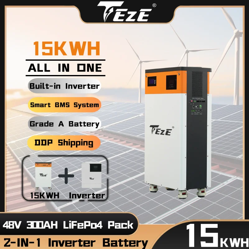 TEZE 48V/51.2V 300Ah LifePo4 Battery 15KWH All-In-One Powerwall Solar Energy System Built In 5KW Inverter BMS 6000 Cycle