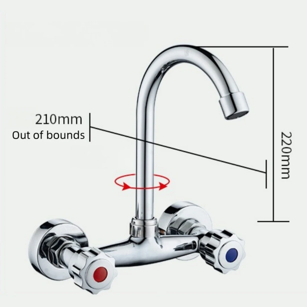 Full Copper Wall Mount Kitchen Sink Faucet 360° Rotatable Spout Double Handle Cold Hot Water Tap Adjustable 13-17cm Installation