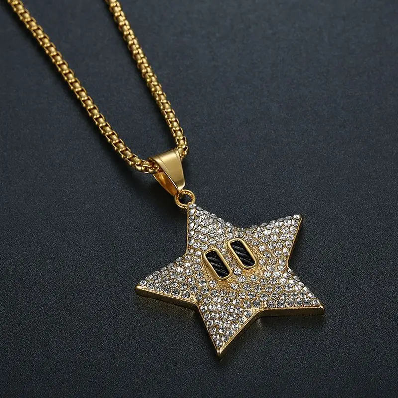 Hip Hop Bling Iced Out Rhinestones Stainless Steel Pentagram Star Pendants Necklace for Men Rapper Jewelry Drop Shipping