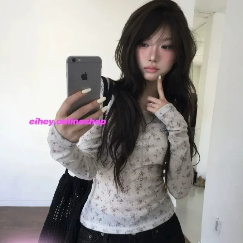Korean-style Floral Print Sweet Long-sleeved T-shirt Women 2026 Autumn New High Street All-match Perspective Sexy Tops