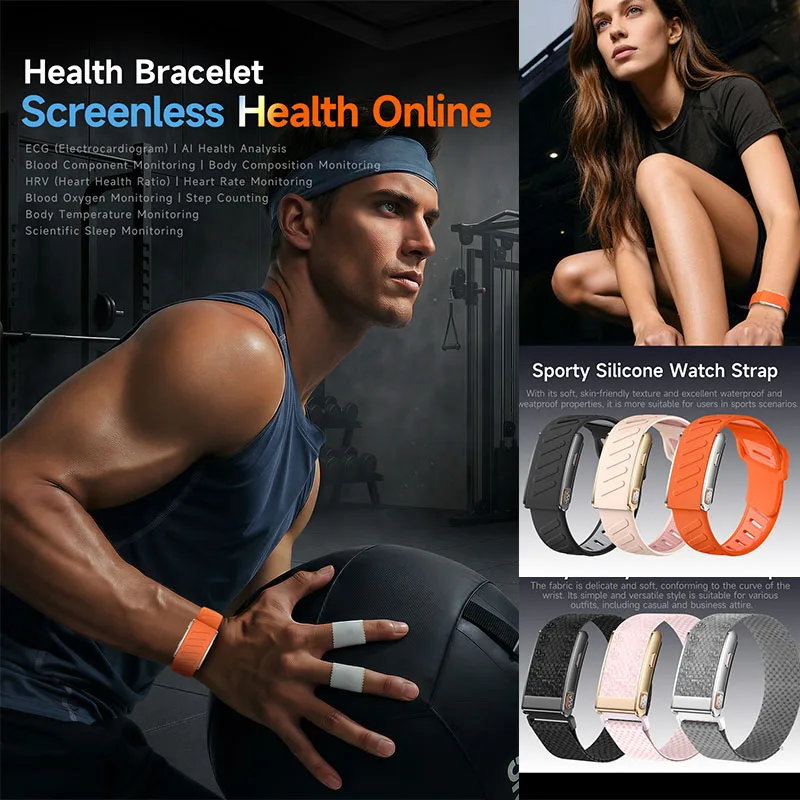 New Screenless Smart Health Band with ECG Heart Rate Sleep SpO2 HRV Blood 3ATM Ultra Light Fitness Smart Bracelet Men Women