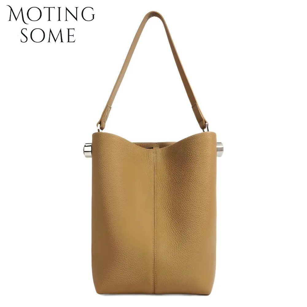 Motingsome Bucket Bag Women Simple First-layer Cowhide Tote Large Capacity Versatile Fashion Commuter Shoulder Handbag 2024 New