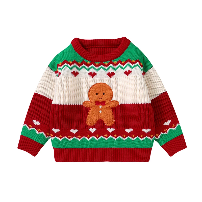 Toddler Christmas Sweaters Gingerbread Man Embroidered Long Sleeve Round Neck Ribbed Knitted Pullover