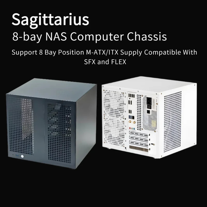 Sagittarius 8-bay NAS Chassis with ATX Power Supply, MATX Motherboard, Full-height PCIE, 21.8L