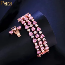 Pera Romantic Pink and White CZ Crystal Love Heart Charm Large Wide Rose Gold Color Bracelet for Bride Wedding Jewelry Gift B247