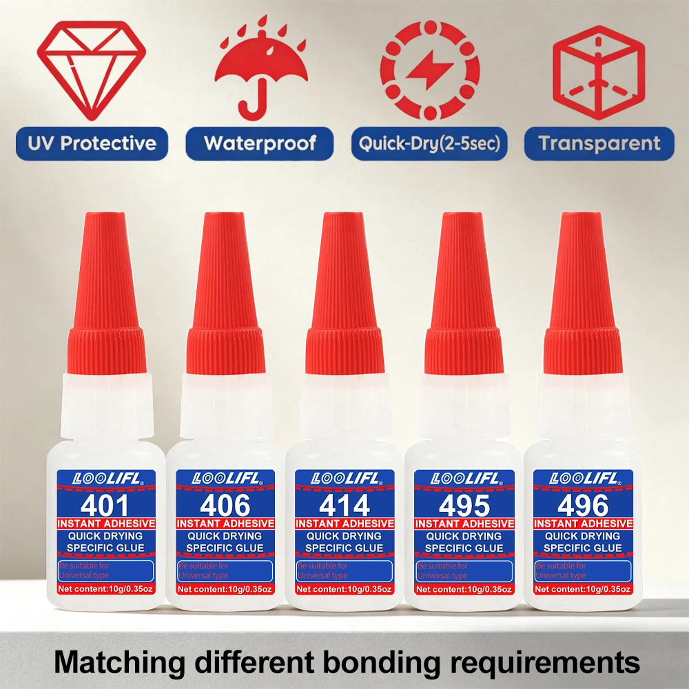 LOOLIFL Instant Adhesive 401 406 414 495 496 Super Glue Quick‑Dry Transparent Waterproof  Glue for Plastic  Metal Rubber Ceramic