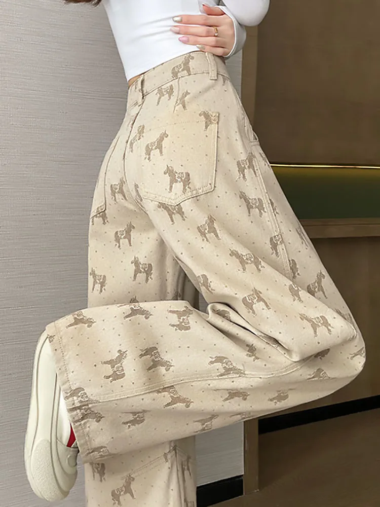 Khaki Pony Printed Jeans for Women Autumn New High Waisted Straight Leg Pants Retro Casual Commuter Wide Leg Denim Pants