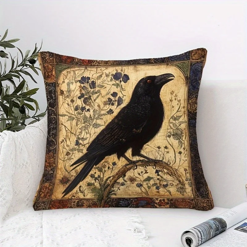 [Vintage Raven Pillowcase] Vintage Raven Medieval Art Throw Pillowcase | 1pc 18x18 Inch Soft Short Plush Double-Sided Cover with Zipper Closure, Polyester, Hand Wash Only, Mixed Color Contemporary Print for RV Bedding, Living Room, Bedroom Decor, Rustic