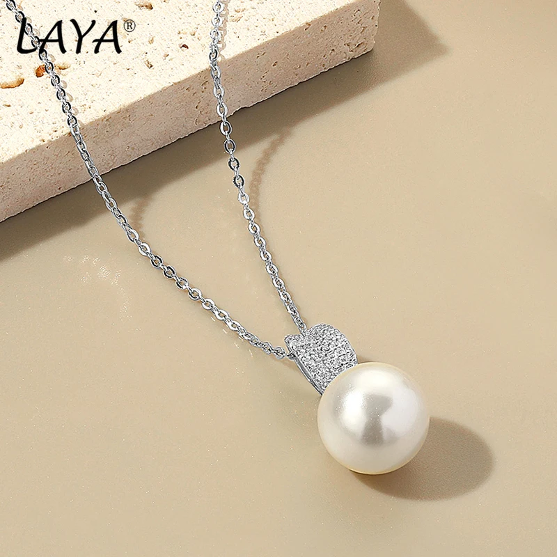 LAYA Pendant Necklace for Women Minimalist Shell Pearl Accessory Shining Zircon Party Wedding 925 Sterling Silver Fine Jewelry