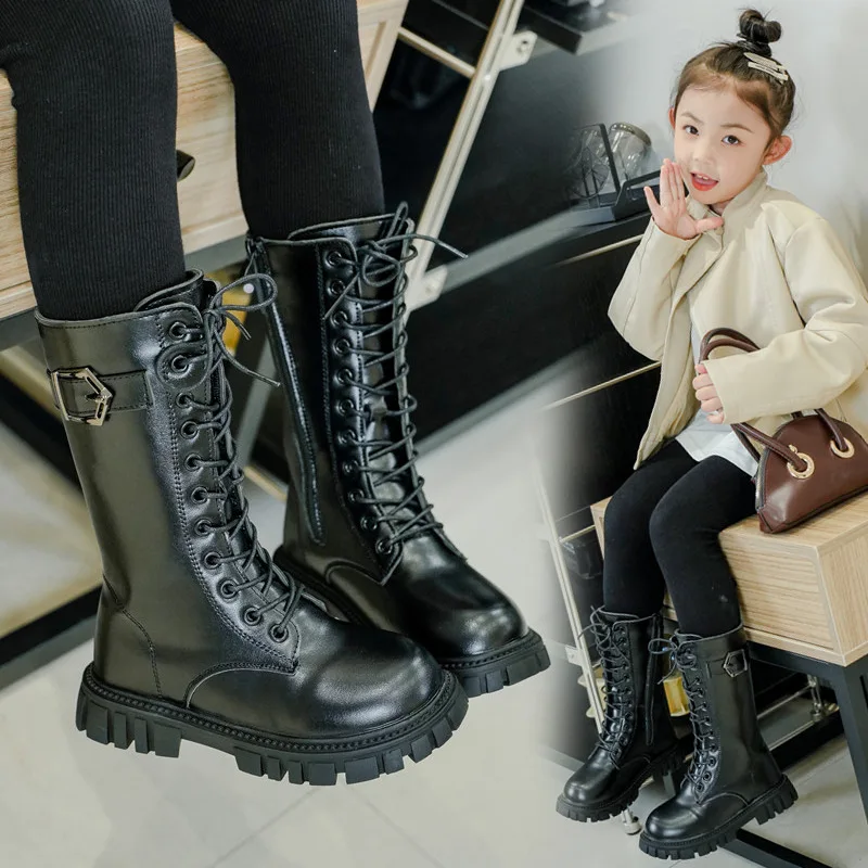 Children High Boots for Girls Versatile Solid Color Black Britain Style Elegant Princess Catwalk Boots Classic Buckle Casual PU