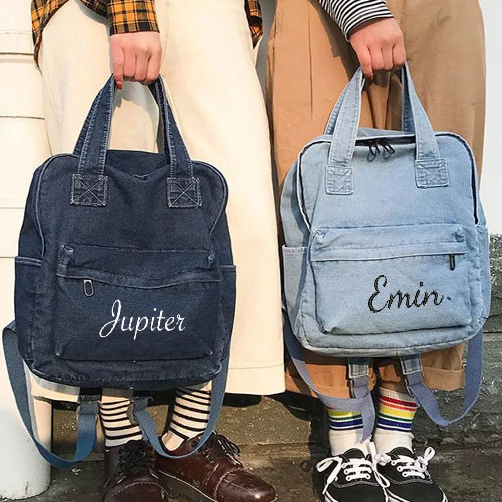 Mochila De tela vaquera para estudiante de secundaria, morral sencillo de lona con nombre bordado, mochilas escolares de gran capacidad para niña,