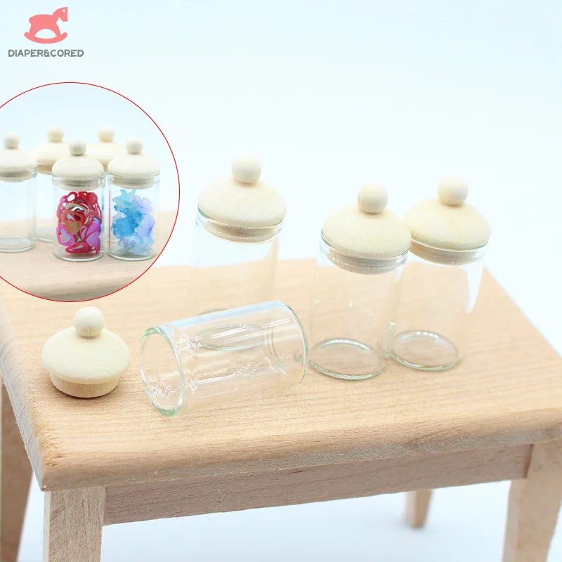 1set Dollhouse Miniature Clear Glass Jar Candy Storage Bottle Dolls House Kitchen Storage Bottles Decoration Accessories