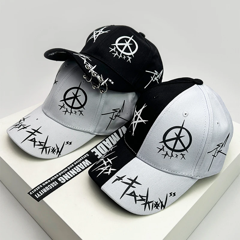 

Men Women Hip Hop Personal Letter Baseball Hats Breathable Fashion Sunshade Versatile Color Block Iron Ring Ribbon Graffiti ins