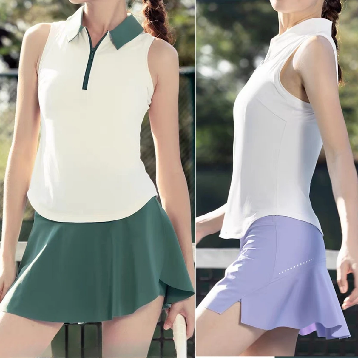 Women 2Pcs Tennis set Sleeveless Half Zip Polo Top Anti-chafing Skort Set Golf Badminton Workout suit Outdoor Sports running Set