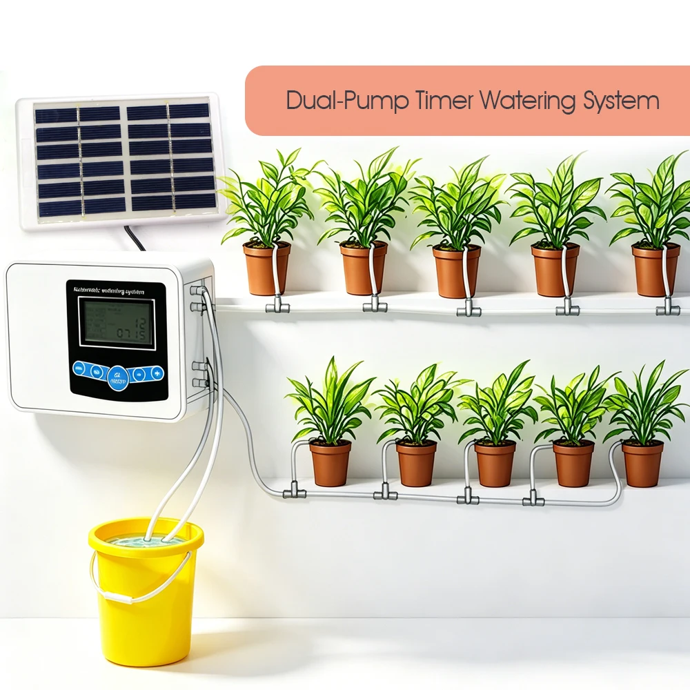 USB/Solar Dual-Pumps Timer Automatic Watering System for Garden Potted Plants Irrigation 1/4