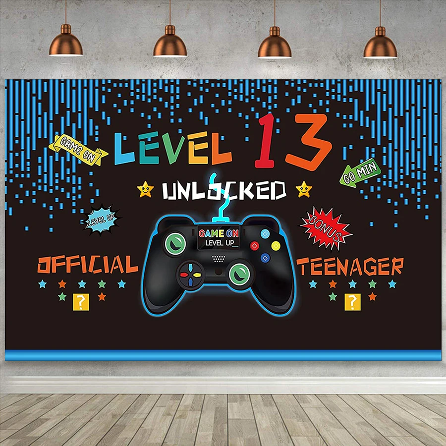 13th Video Games Birthday Party Backdrop for Boys Birthday Banner Official Teenager Birthday for 13 Years Teen Level 13 Decor