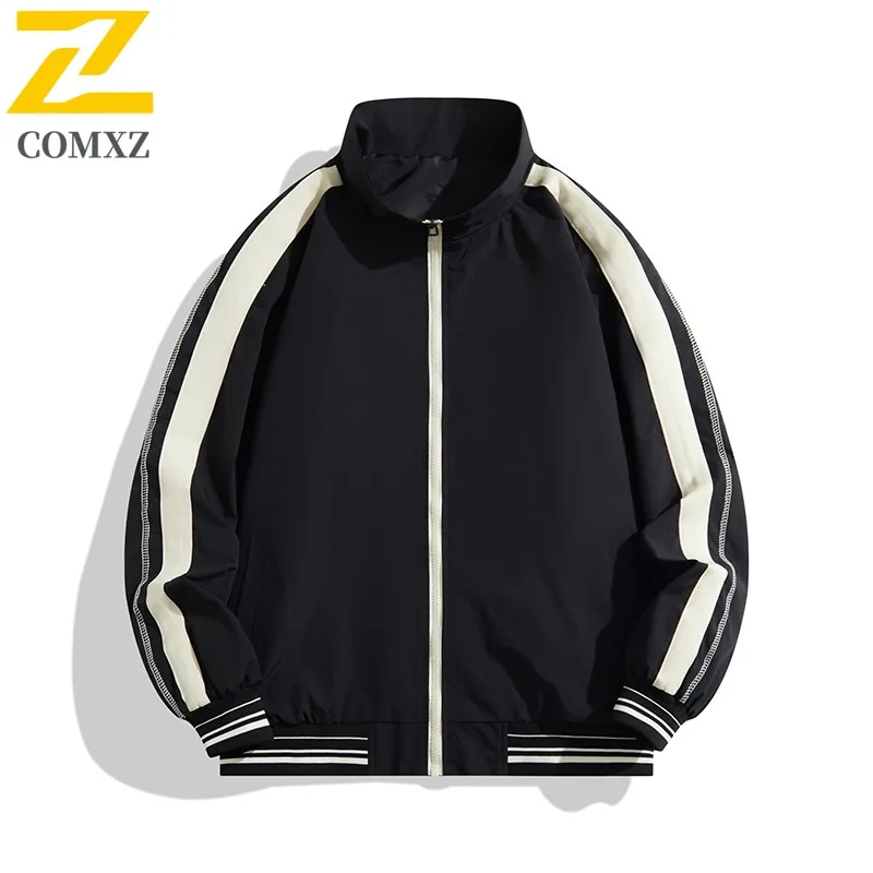 COMXZ خريف جديد الرجال ربيع الخريف العصرية فضفاضة تناسب الحد الأدنى عادية الوقوف طوق الشباب مخطط سترة زوجين ارتداء ملابس خارجية