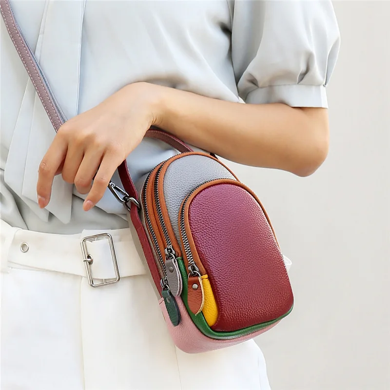 Leather mobile phone pocket change collector female color head layer cowhine casual shoulder diagonal cross bag
