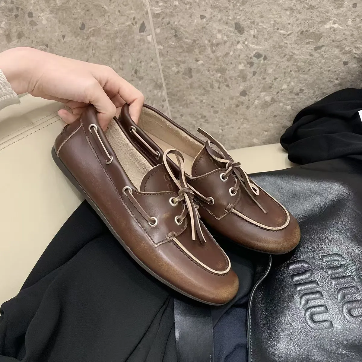 المرأة خمر المتعثرة موضة عادية كعب مسطح المتسكعون مع جلد الغنم وحيد المطاط تسولي الخريف الكبار الأحذية