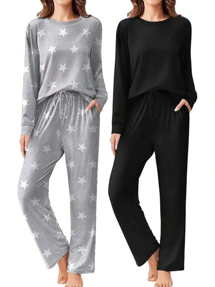

2 Pack Women Long Sleeve Pajama Sets Soft Loungewear With Pockets S-XXL