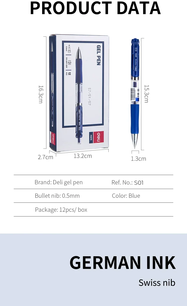 DELI Einziehbare Gelstifte, 0,5 mm, 12 Stück/Box, schwarze, blaue, rote Tinte, glatte Klickstifte zum Schreiben von Büro- und Schulbedarf – Detail 2