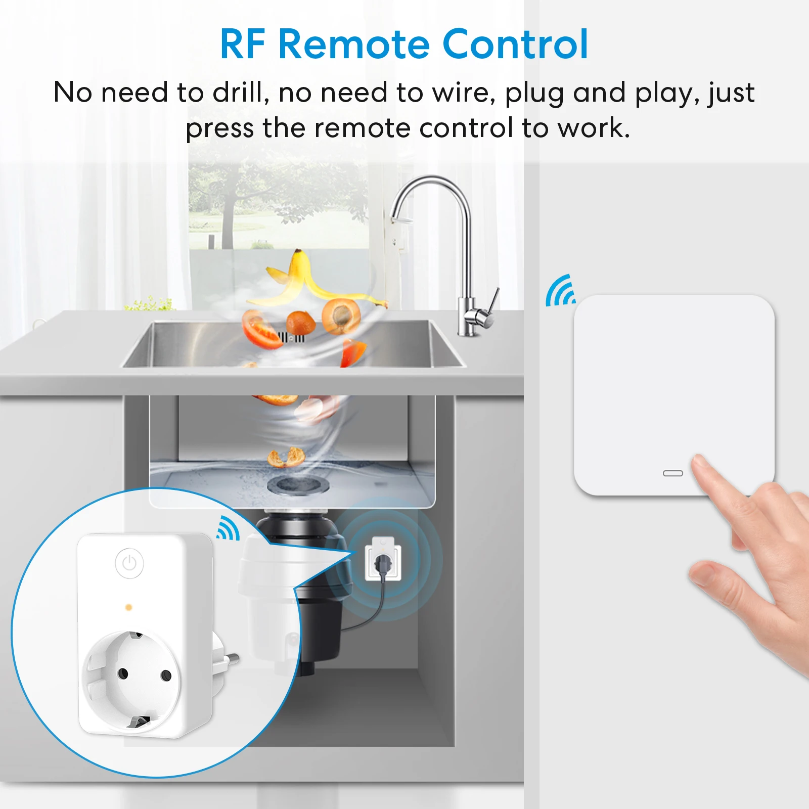 LoraTap Wireless 16A EU Plug Socket with Waterproof Kinetic Switch For Food Waste Grinder Disposer, Fan, Oven and Microwave - view 3