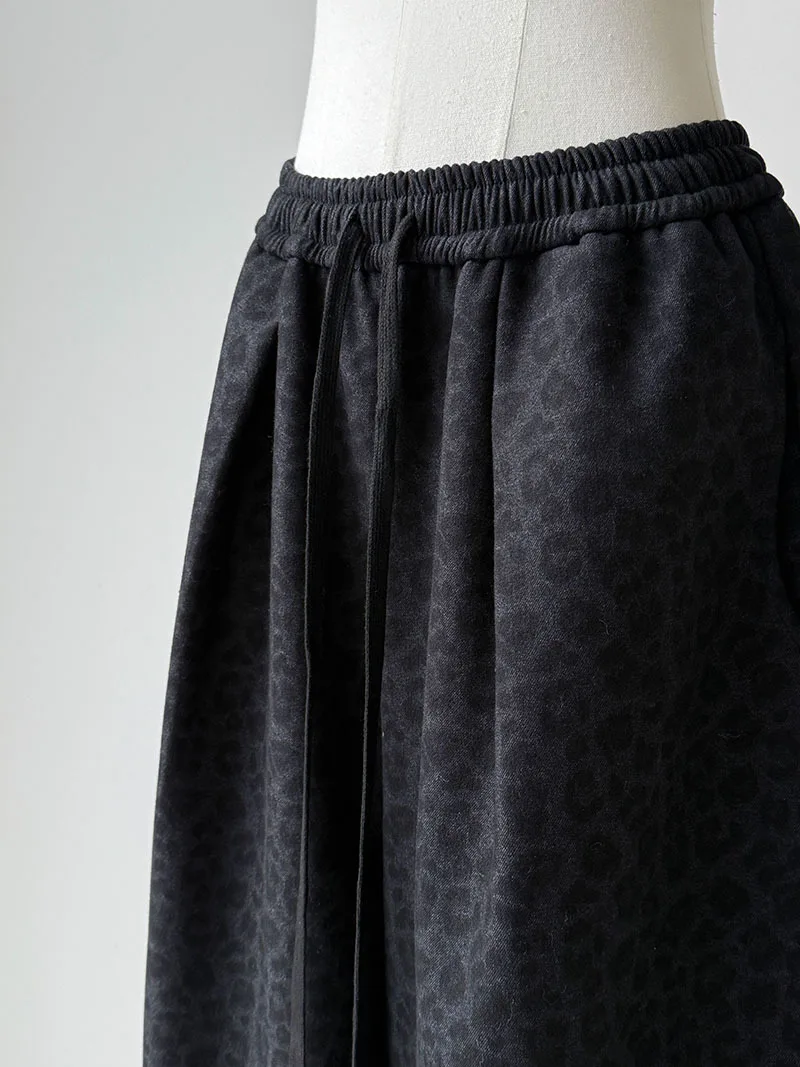 레오파드 프린트 하이웨이스트 와이드 레그 여성용 가을 겨울 두꺼운 기모 캐주얼 롱 팬츠