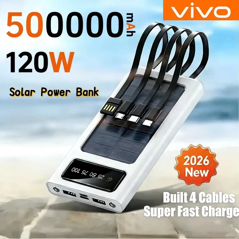 

Новый внешний аккумулятор VIVO 500000 мАч 4-в-1 на солнечной энергии, высокая емкость, быстрая зарядка 120 Вт, USB Type-C, LED-фонарь, для iPhone Samsung