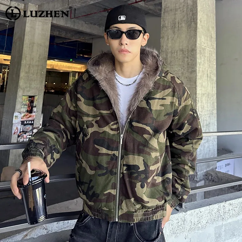 

LUZHEN 2025 зимняя новая меховая подкладка, теплое стеганое пальто с камуфляжным принтом, мужская модная уличная куртка-парка высокого качества с капюшоном JY4846