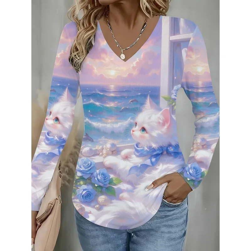 Women'S Casual Long Sleeve V-Neck T-Shirt Cute Kitten Ocean Sunset Print Blue Roses Seashell Beach Summer Style Ideal Present Fo
