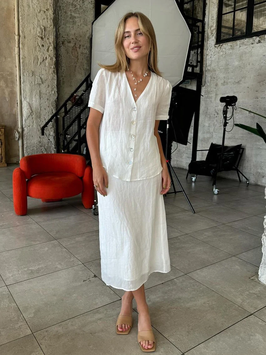 

Marthaqiqi Summer Female Nightgowns Suit Sexy V-Neck Sleepwear Short Sleeve Nightwear Long Skirt Casual Women Pajama 2 Piece Set