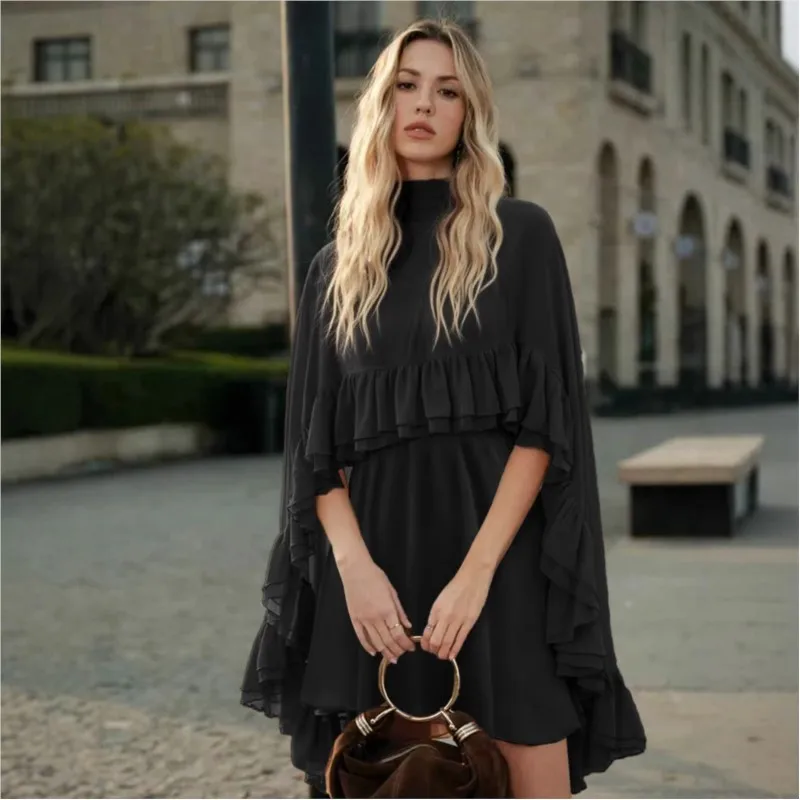 Women's Fashion Inner Strap Mini Dress+Shawl jacket Two piece Set Spring/Summer New Elegant Solid Chiffon Dresses Set For Women