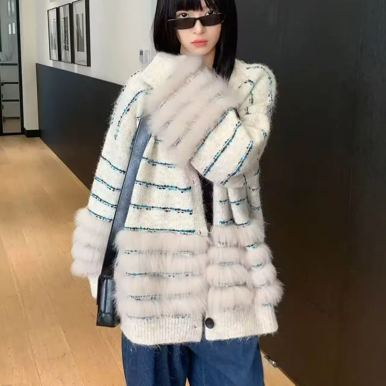 Autumn Winter Women Imitation Fox Fur Striped Sweater Coat Medium Long Knitted Cardigan Faux Mink Fur Decor Jacket V-neck Tops