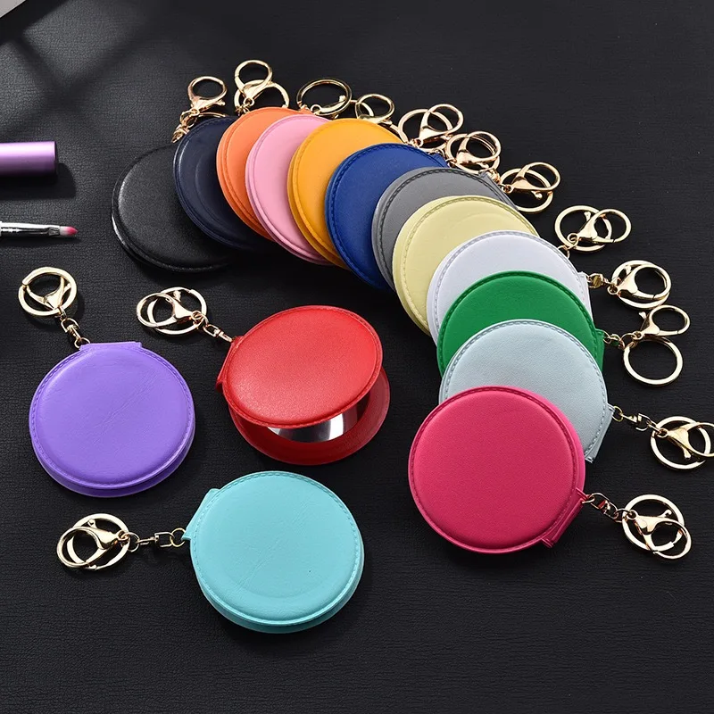 Unique PU Leather Makeup Mirror Keychain Women Protable Mini Sweet Folding Double-sided Functional Type Backpack Hanging Trinket