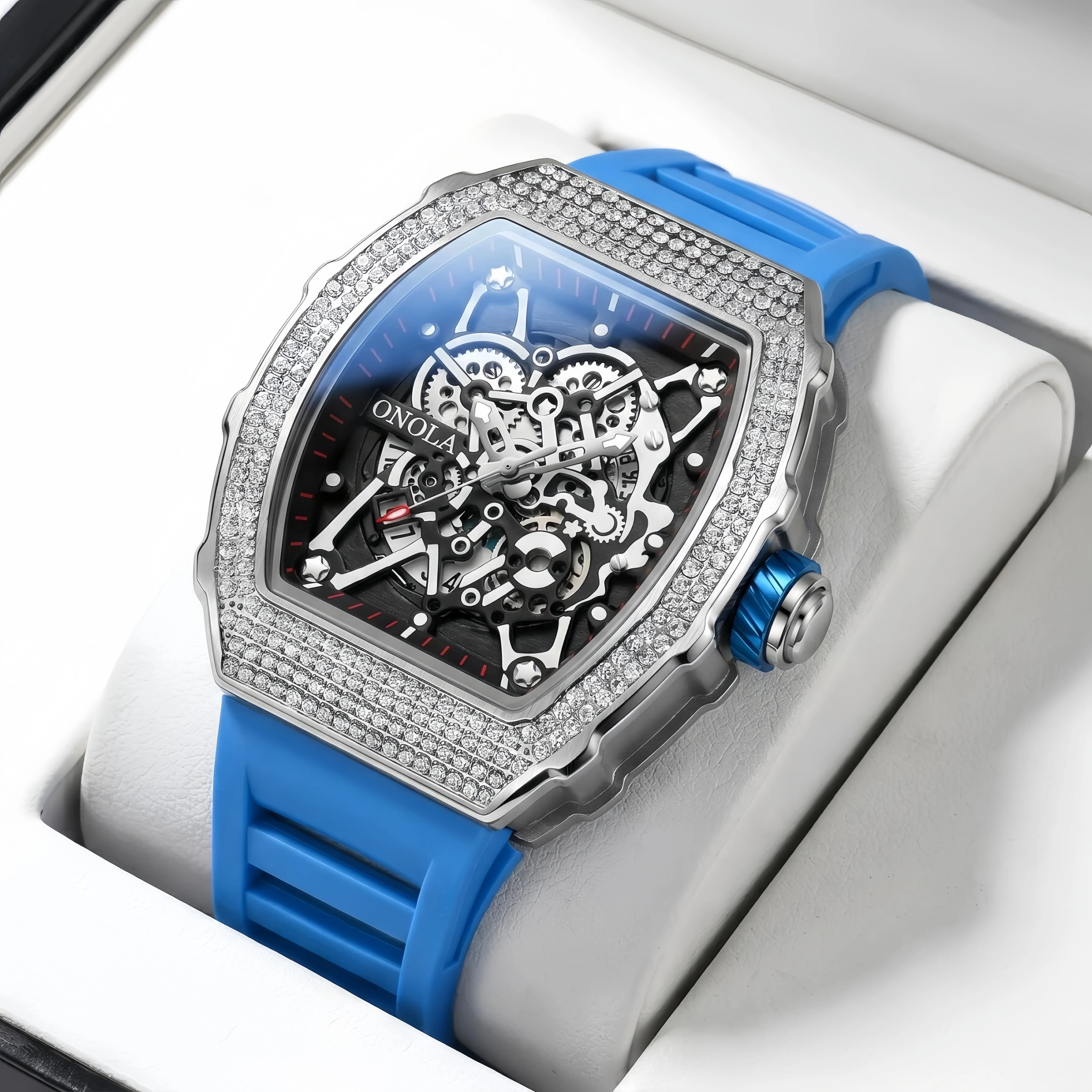 

Fashion bucket shaped men's watch ONOLA bezel hollow dial red silicone strap sports automatic watch