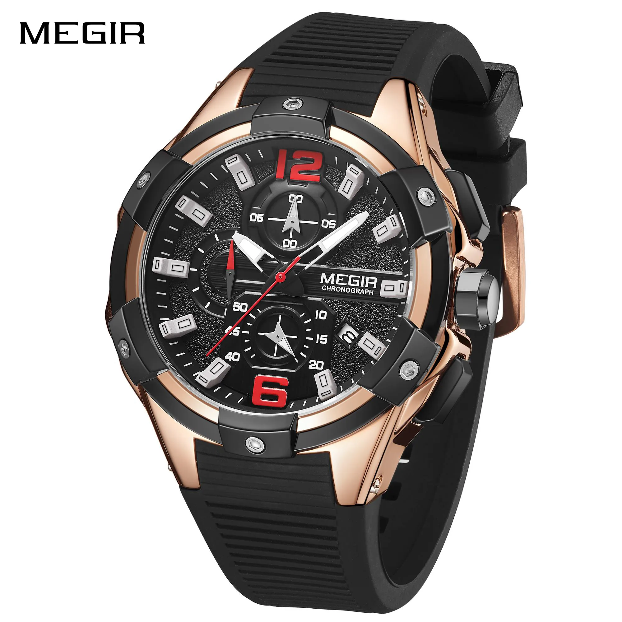 MEGIR 47MM Dial Sport Watches for Men Fashion Quartz Wristwatch Waterproof Silicone Strap Male Chronograph Clock Montre Homme