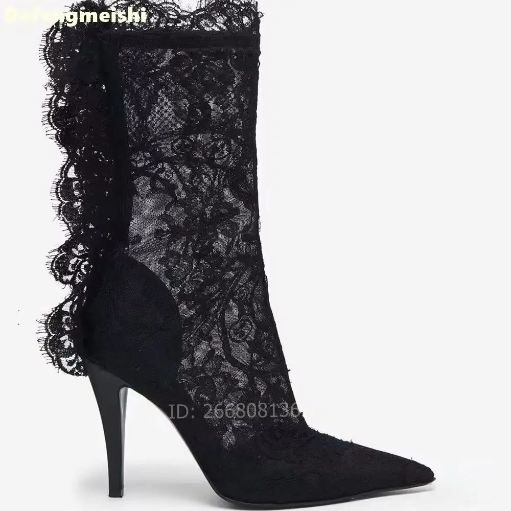 Black Lace Sheer Mesh Pointed Toe Stiletto High Heel Ankle Boots Women Fringe Banquet Party Fashion Summer Boots Size 35-42