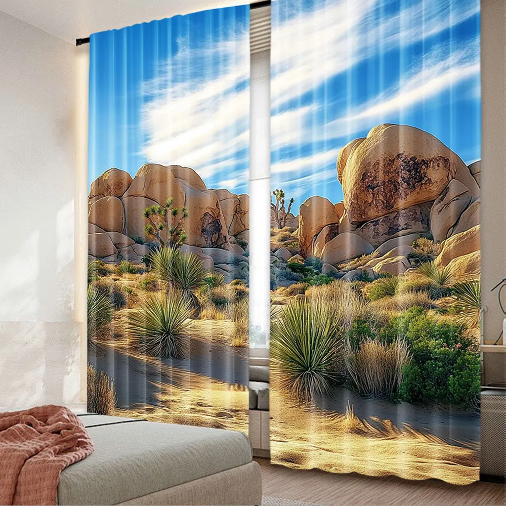 2Pcs Desert Joshua Tree National Park Curtain Trees Rocky Mountains Natural Scenery Holiday Hiking Camping Home Decor A