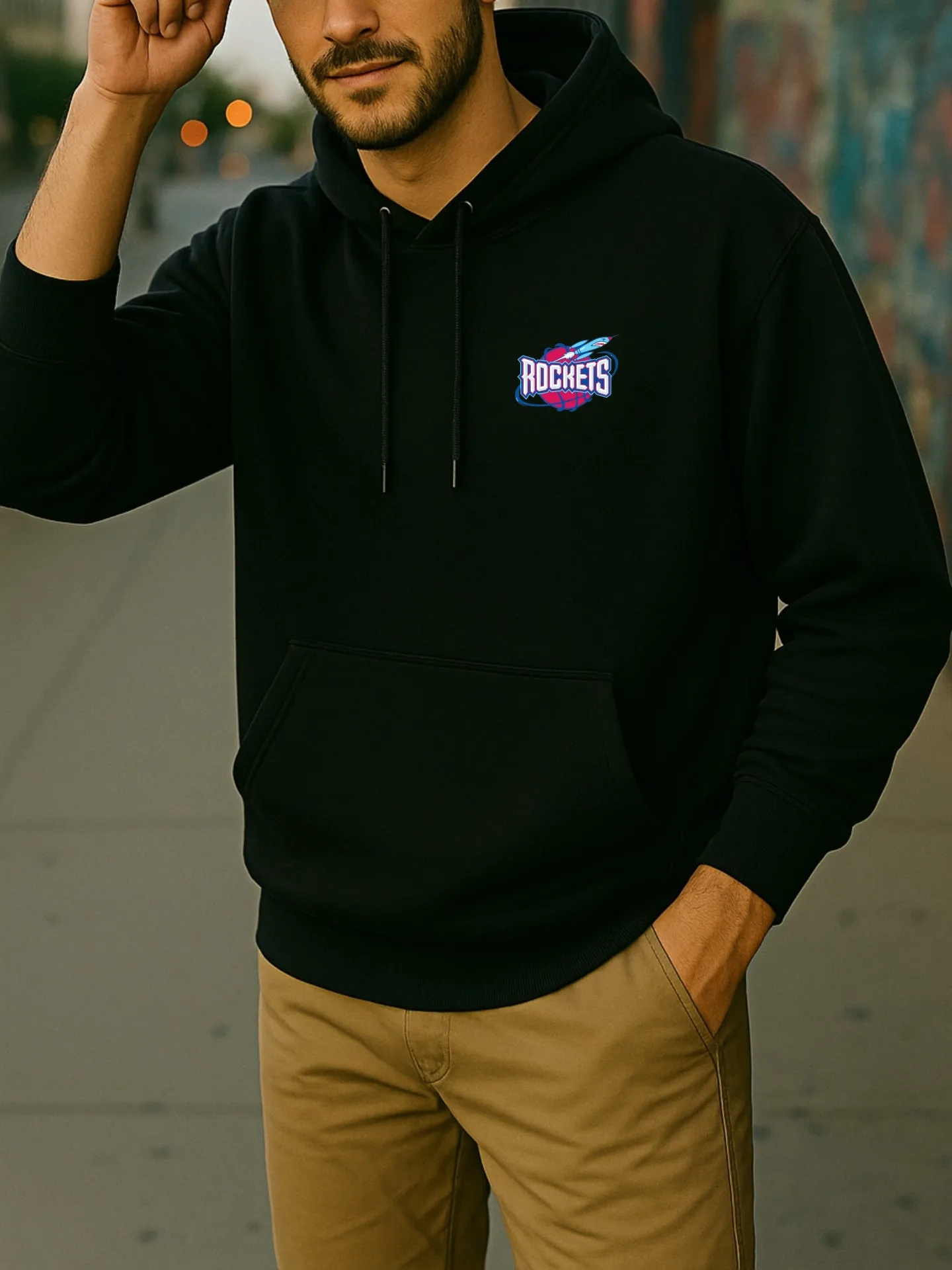 Graphic Hoodie Men, Rockets Print, Streetwear Style, Fleece Lined, For Young Men, For Everyday Wear