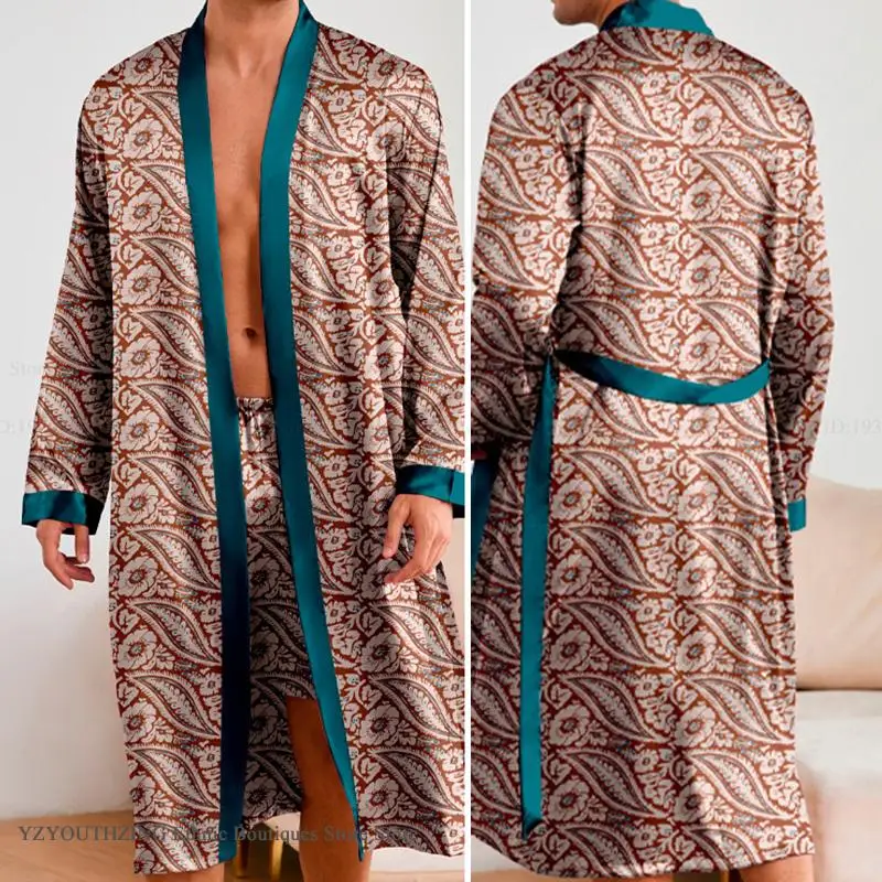 

Male Long Nighty&Robe Set Pajama Print Kimono Bathrobe Gown Loose Casual Men Sleepwear Home Clothing Satin Loungewear Nightwear