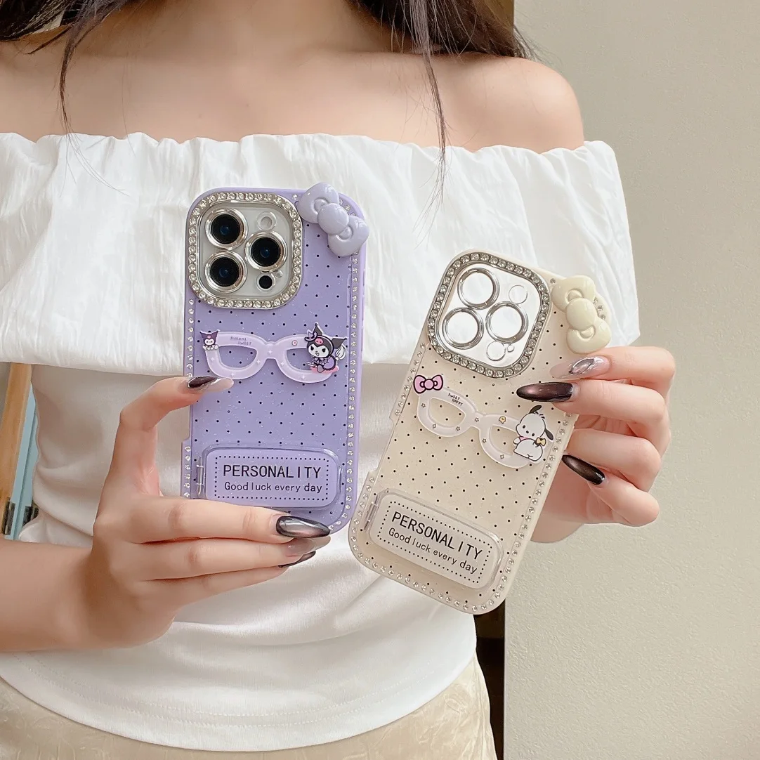 

Симпатичные мультяшные солнцезащитные очки с блестящими краями и бриллиантами, зеркальный чехол для макияжа с бантом для iPhone 13, 14, 15, 16 Pro Max Plus, кронштейн, подставка