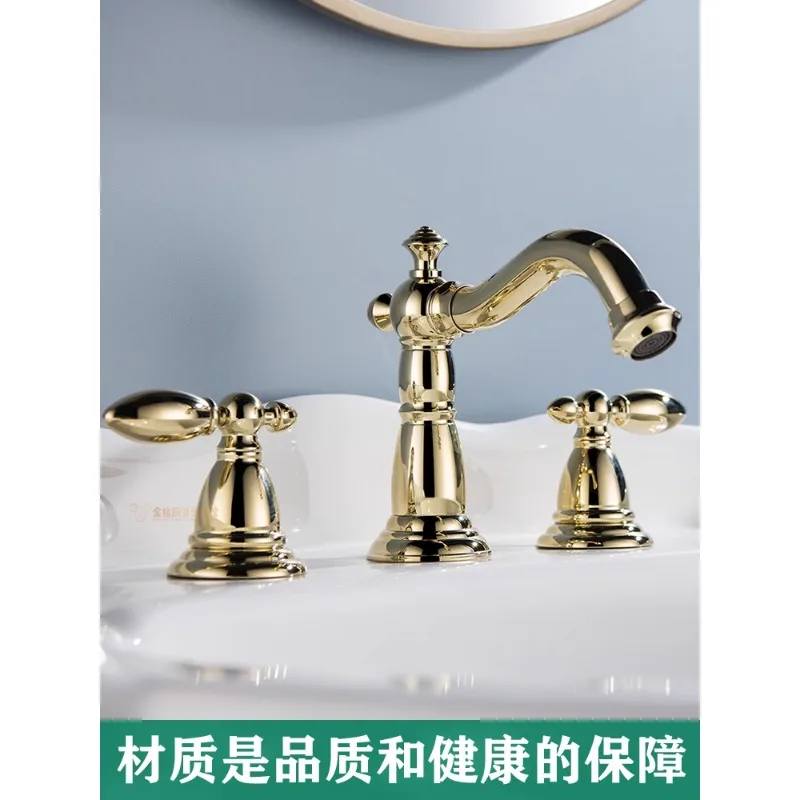 All-copper French retro outdoor faucet three-hole hot and cold basin faucet splash-proof head antique copper basin faucet