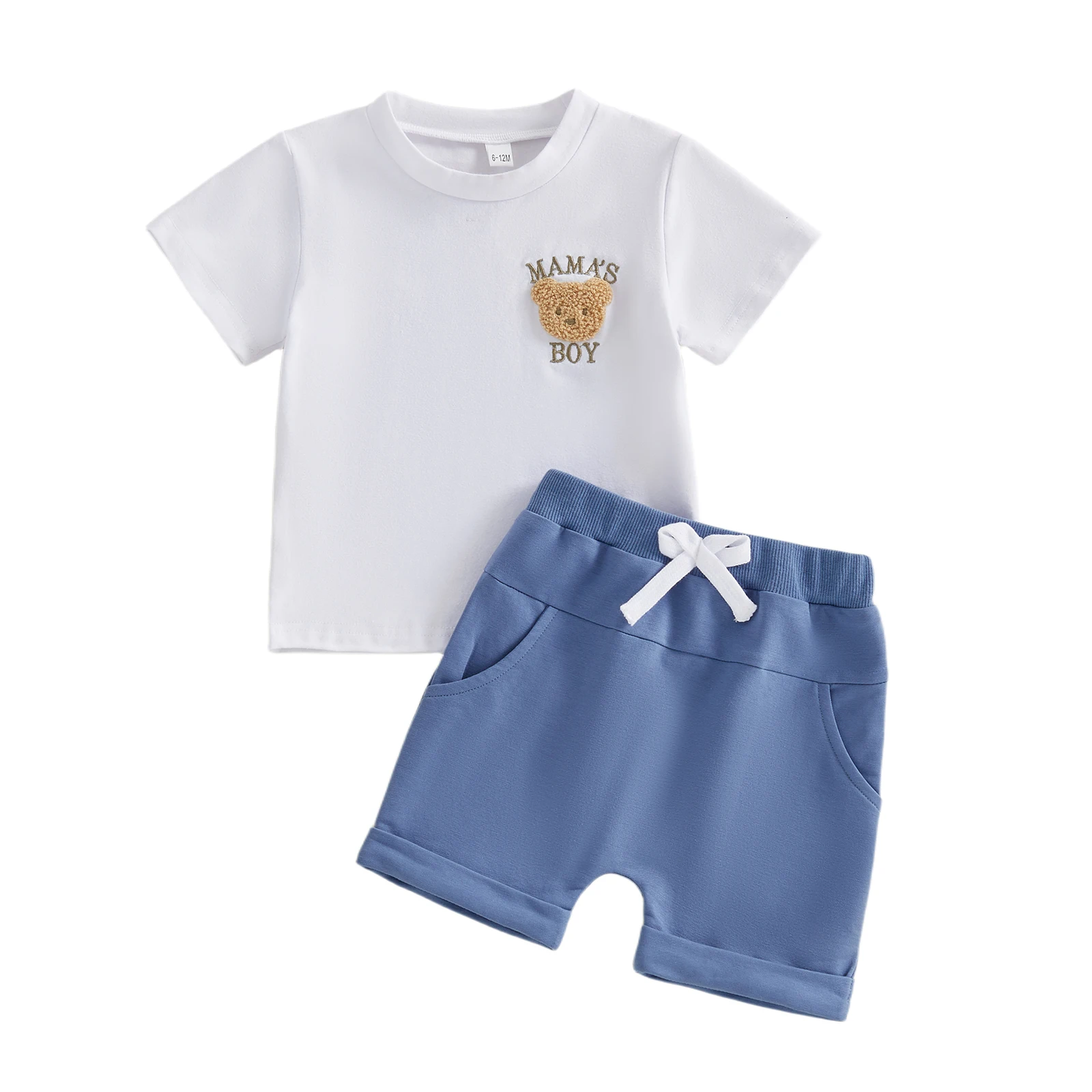 Kids Boys Shorts Set Short Sleeve Embroidery Bear T-shirt with Elastic Waist Shorts Toddler Set Summer Outfit