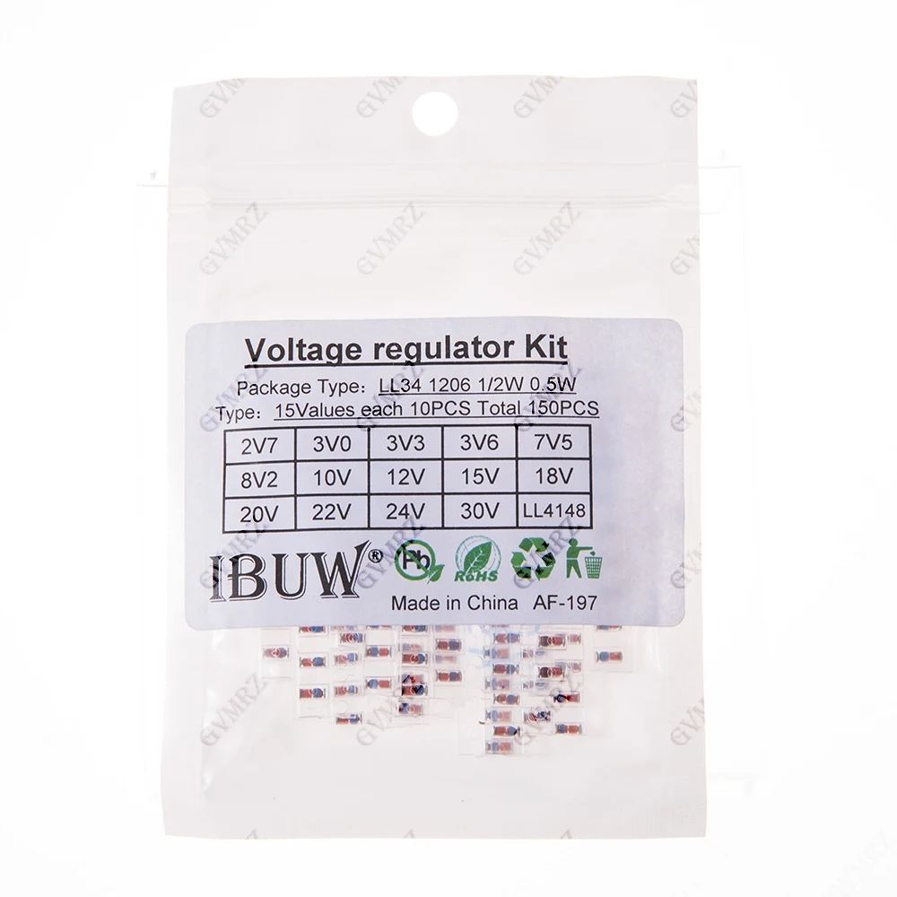 15Value *10pcs=150pcs LL34 2.7V 3.3V 7.5V 8.2V 10V SMD Zener Diode Assorted Kit 0.5W 2.7V-30V And LL4148 12V 24V 30V Component